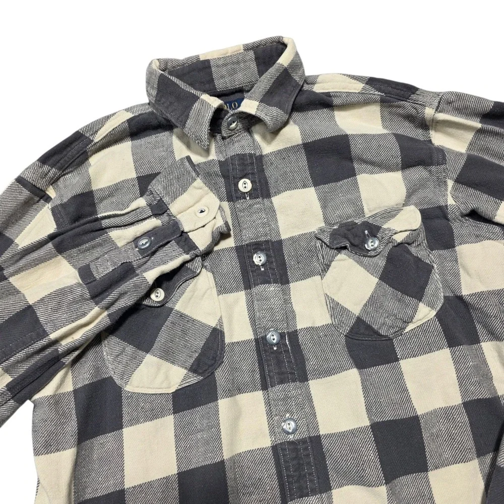 Polo Ralph Lauren Buffalo Plaid Flannel Shirt Mens M Medium Button Up Gray Beige